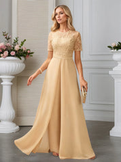Jumpsuits Illusion Scoop Floor-Length Lace Chiffon Evening Dress With Overskirt Sequins