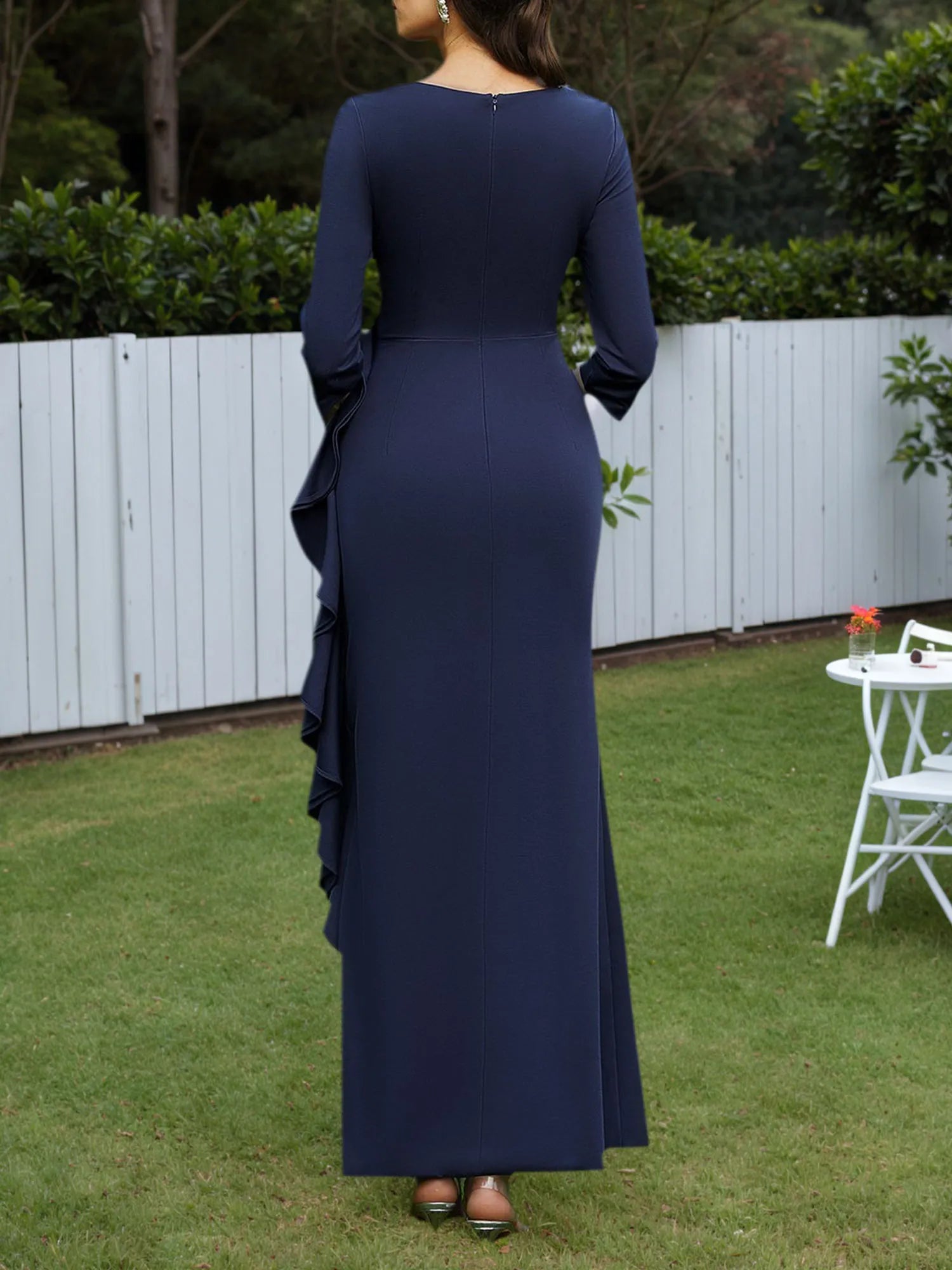 Mother of the Bride Dress Navy V Neck 3/4 Sleeve Ruffle Maxi Dress