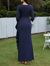 Mother of the Bride Dress Navy V Neck 3/4 Sleeve Ruffle Maxi Dress