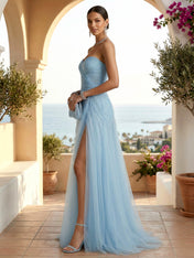 Strapless Sweetheart High Slit Tulle Pleat Prom Dress Evening Dresses