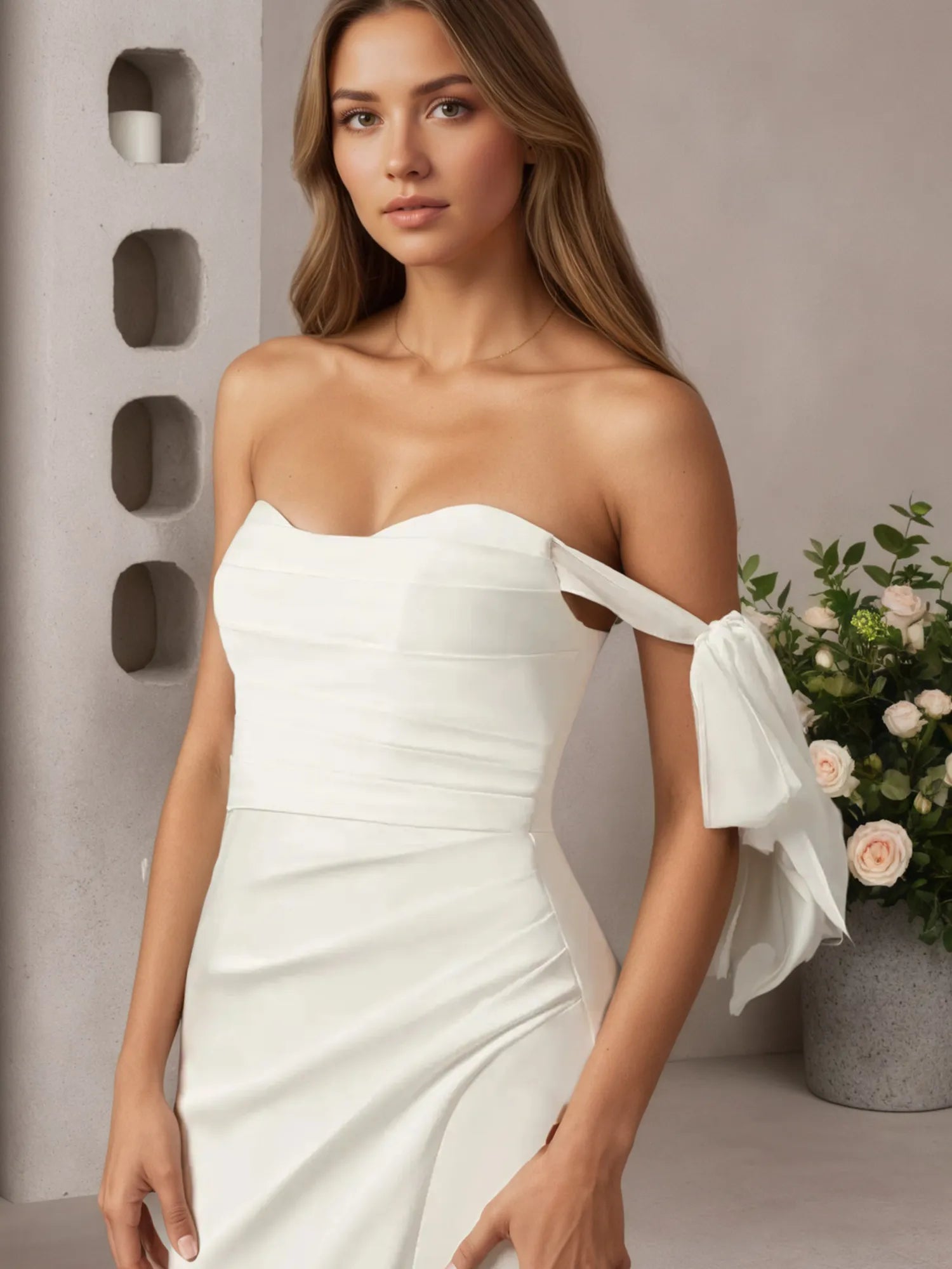 White Mermaid Off the Shoulder Crepe Back Satin Wedding Dress