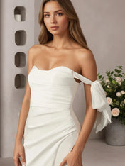 White Mermaid Off the Shoulder Crepe Back Satin Wedding Dress