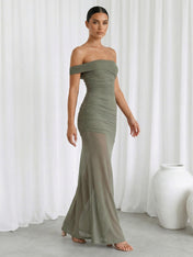 Sage Green One Shoulder Chiffon Mermaid Maxi Dress with Pleat