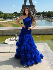 Royal Blue Sweetheart Tulle Pleat One Shoulder Mermaid Evening Dresses Gown with 3D Flower