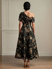Black One Shoulder Pleated Ankle Length A Line Satin Mother of the Bride Dress