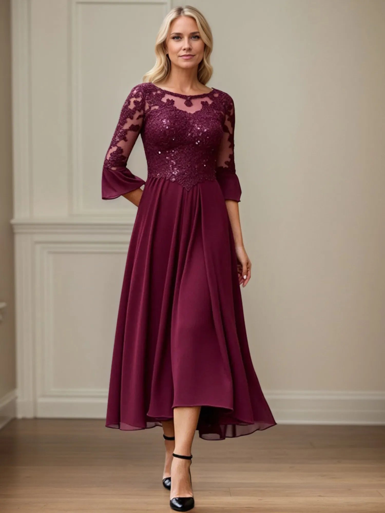 A Line Scoop Neck Applique Tea Length Mother of the Bride Dress
