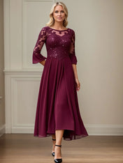 A Line Scoop Neck Applique Tea Length Mother of the Bride Dress