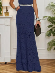 Purplish Blue Rhinestone Ruched Lace Halter Sleeveless Mermaid Gown Dress