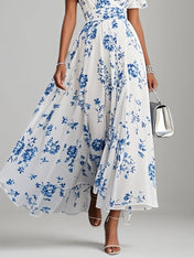 Blue Floral Chiffon V Neck Short Sleeve A Line Maxi Dress