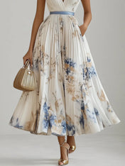 White Pleated Floral Chiffon V Neck Sleeveless A-Line Midi Dress