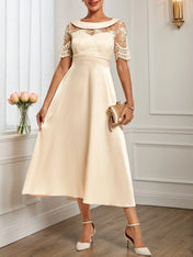 Beige Lace Satin Crew Neck Short Sleeve A-Line Midi Dress