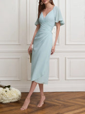 Wedding Guest Semi-Formal Dress Light Blue V-Neck Chiffon Midi Dress