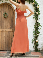 Orange Red Ruffled Chiffon Spaghetti Sleeveless A-Line Maxi Bridesmaid Dress