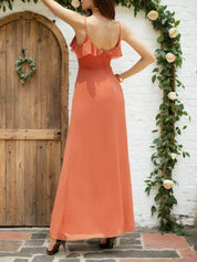 Orange Red Ruffled Chiffon Spaghetti Sleeveless A-Line Maxi Bridesmaid Dress