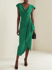 Green Stretch Crepe Cowl Neck Short Sleeves Asymmetrical Length Dress With Ruffled