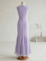 Elegant Formal Evening Gown Lilac Sleeveless Midi Dress with Embroidered Lace Godets