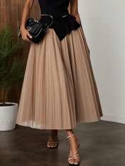 Light Khaki Dressy Ruffled Boat Neck Top with Skirt Two-Piece Set With Belt