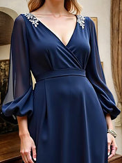 Navy A Line Long Sleeves Long Mother of the Bride Dress with Slit