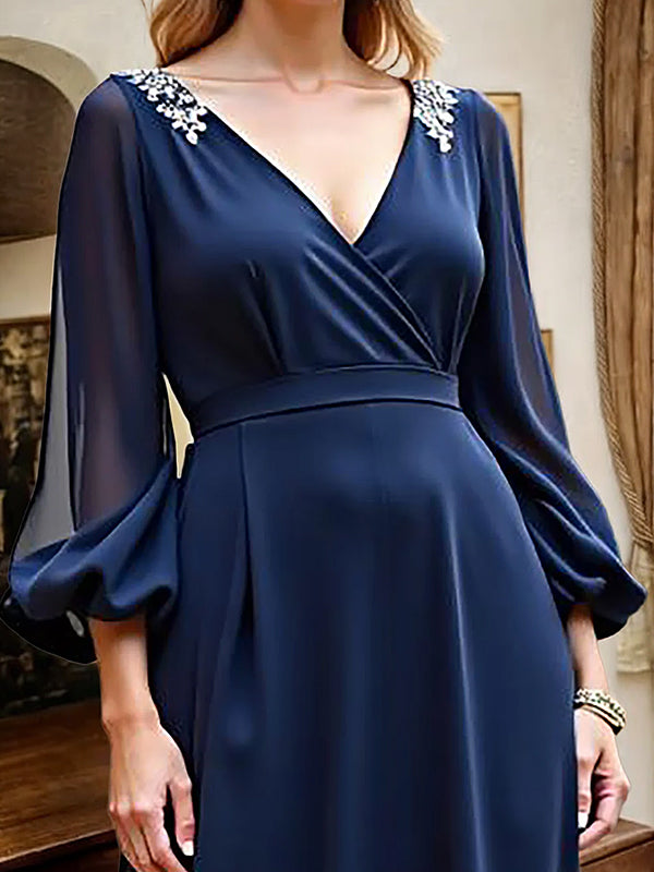 Navy A Line Long Sleeves Long Mother of the Bride Dress with Slit