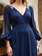 Navy A Line Long Sleeves Long Mother of the Bride Dress with Slit