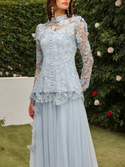 Blue Long Sleeve Folds Lace Butterfly Top And Skirt Two-Piece Set
