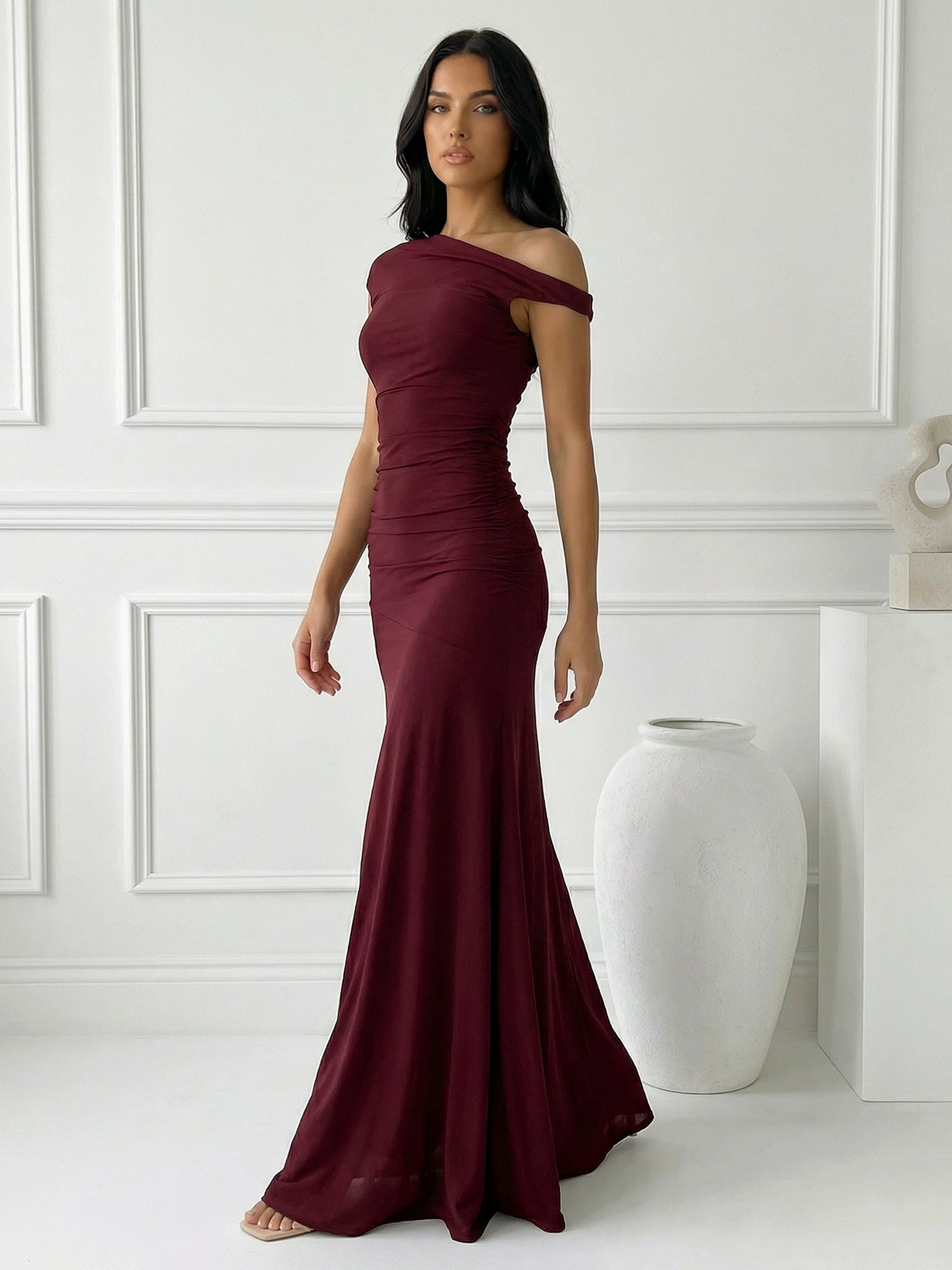 Burgundy One Shoulder Mermaid Maxi Dress with Pleat