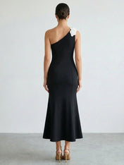 Black One-Shoulder 3D Floral Appliqué Mermaid Midi Dress