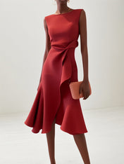 A Line Red Stretch Crepe Round Neck Sleeveless Knee Length Dress
