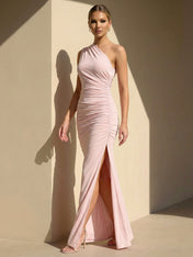 One Shoulder Pleat Maxi Dresses with Train Mermaid Satin Formal Dress