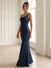 Navy Blue Spaghetti Straps Maxi Dresses for Women 2026 Mermaid Evening Dress
