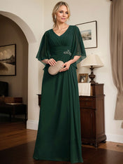 Sheath/Column V-Neck Floor-Length Chiffon Mother of the Bride Dress With Pleated Sequins Beading