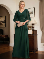 Robe de mère de la mariée fourreau/colonne, col en V, longueur au sol, en mousseline, avec paillettes plissées et perles 