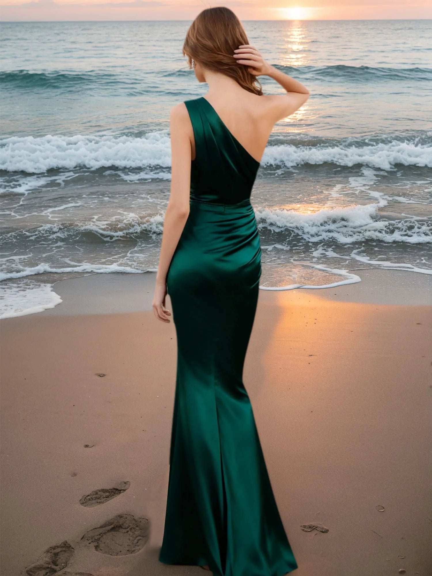 Emerald Green Formal Dress Mermaid One Shoulder Satin Maxi Dress