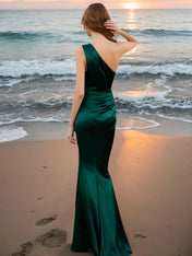 Emerald Green Formal Dress Mermaid One Shoulder Satin Maxi Dress