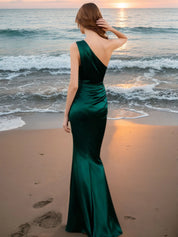 Emerald Green Formal Dress Mermaid One Shoulder Satin Maxi Dress
