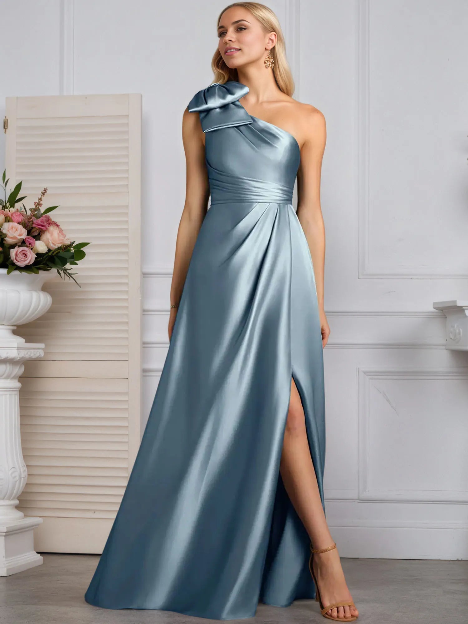 A-Line One Shoulder Stretch Satin Mother Of The Bride Dress With Bow