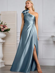 A-Line One Shoulder Stretch Satin Mother Of The Bride Dress With Bow
