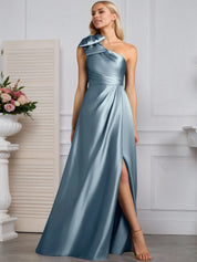 A-Line One Shoulder Stretch Satin Mother Of The Bride Dress With Bow