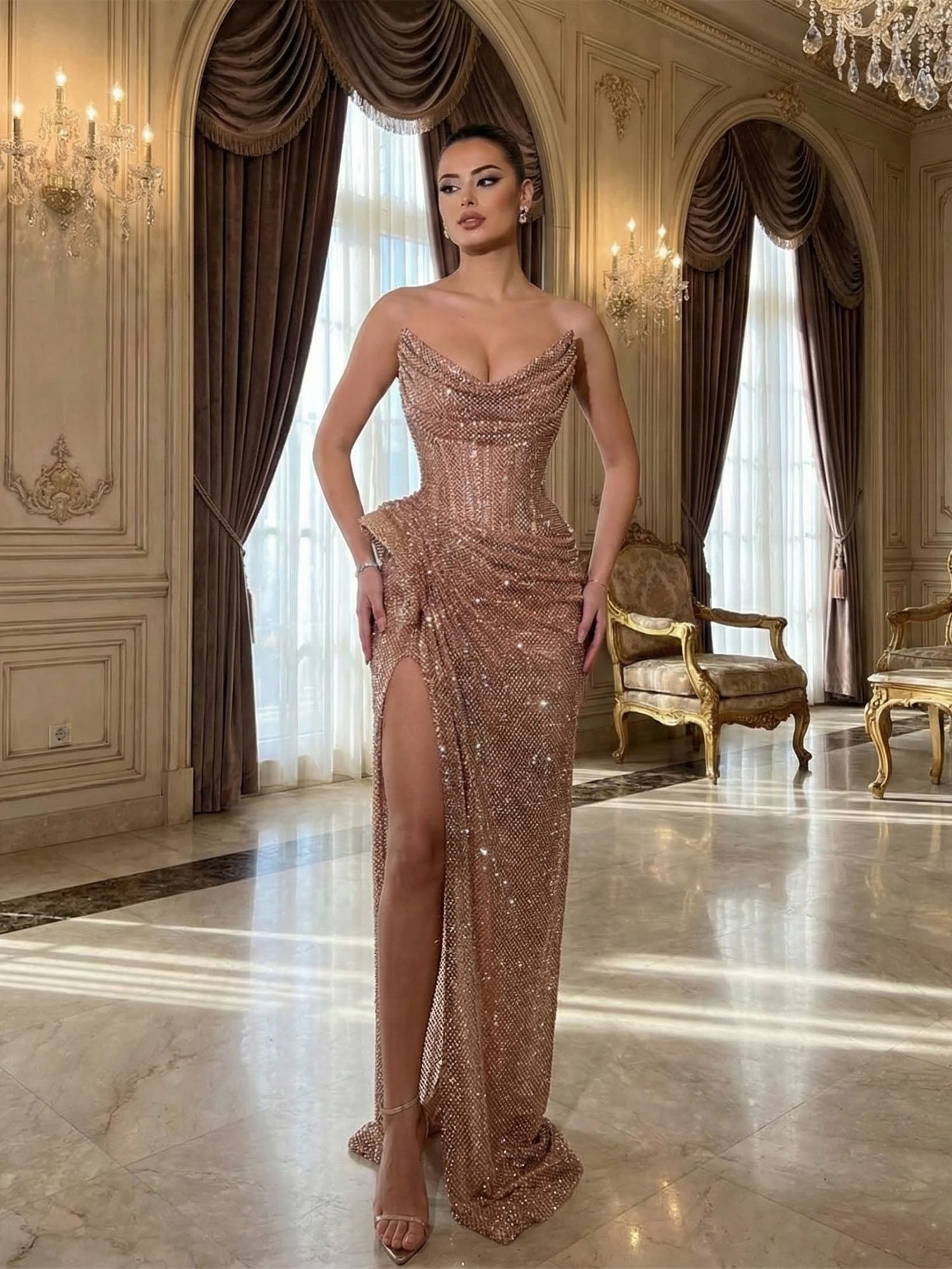Champagne Gold Crystal-Embellished Corset Long Prom Dress with Slit
