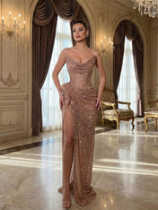 Champagne Gold Crystal-Embellished Corset Long Prom Dress with Slit