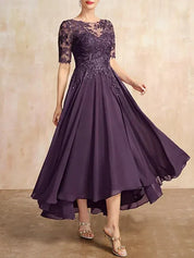 Robe de mère de la mariée asymétrique en mousseline de soie et dentelle, coupe trapèze, décolleté en V, illusion, avec paillettes 