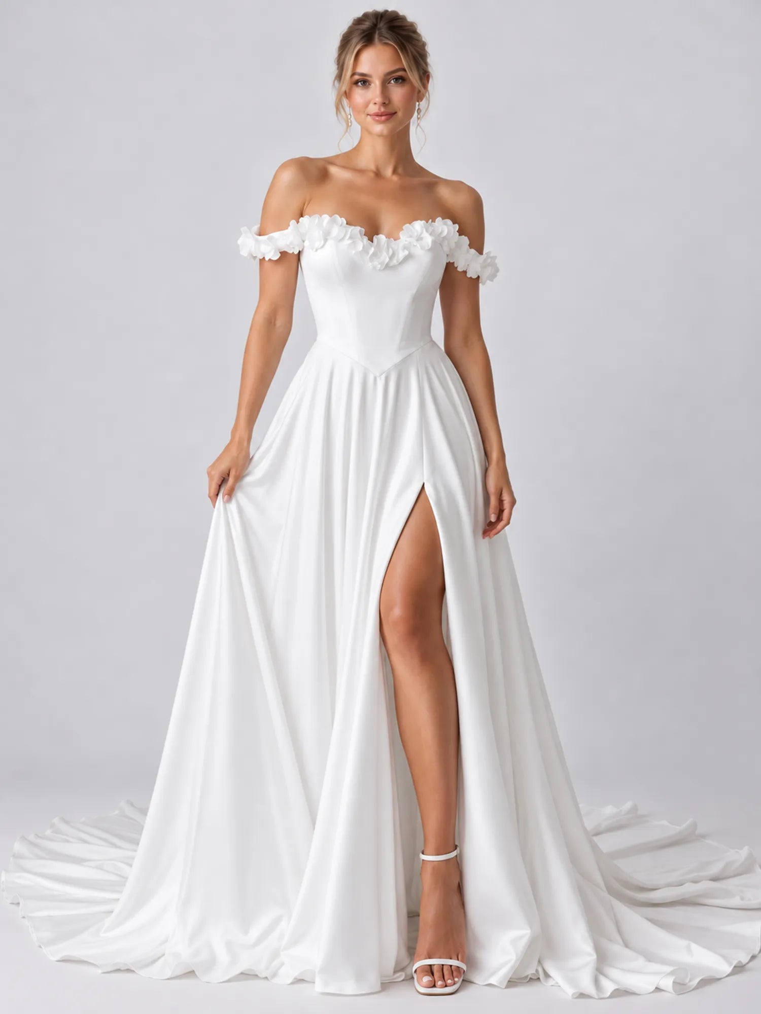 White Off-the-Shoulder Beaded Floral Applique Wedding Dress