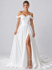 White Off-the-Shoulder Beaded Floral Applique Wedding Dress