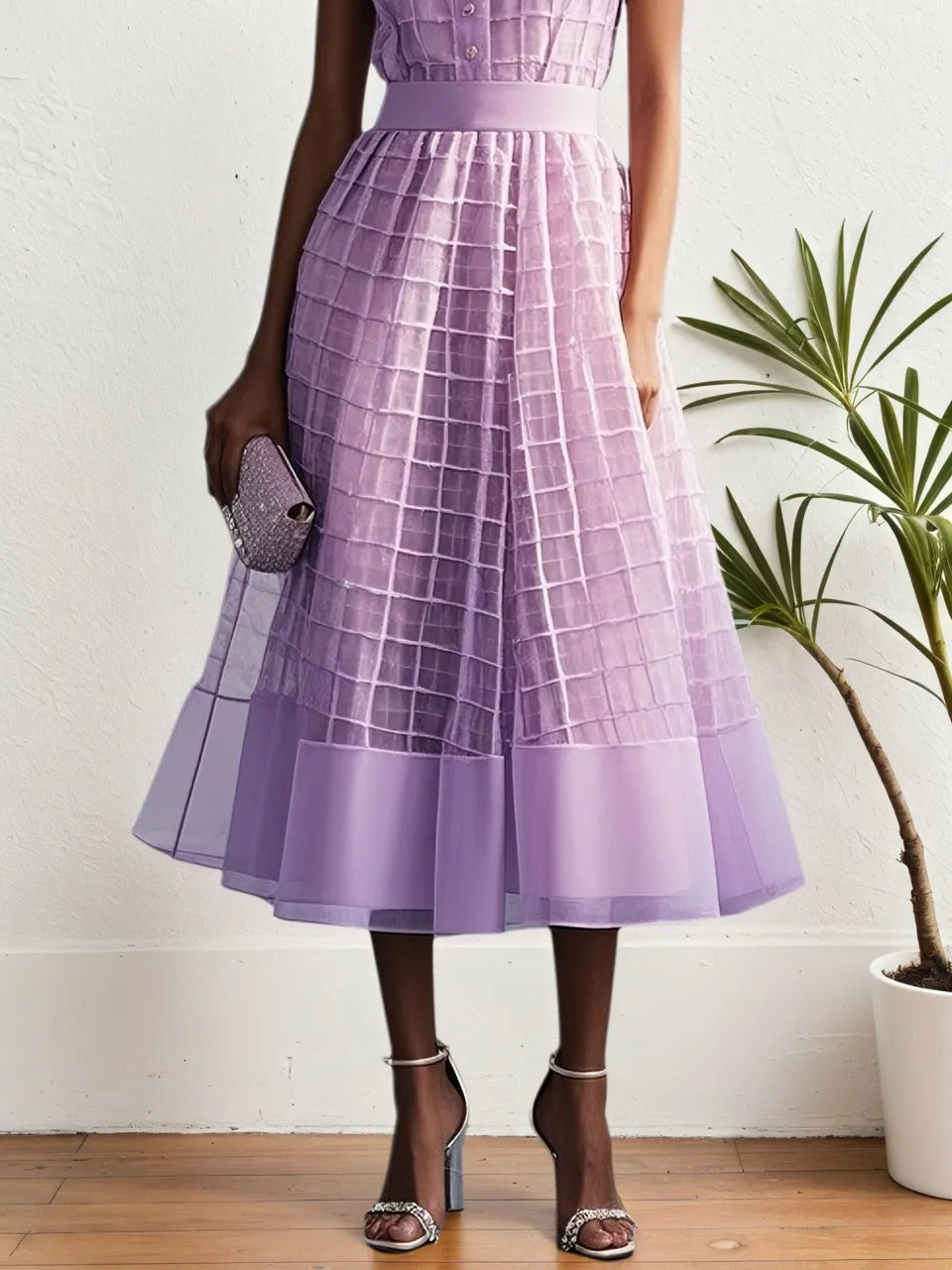 Lavender Purple Buckle Shirt Dress Shirt Collar Sleeveless A-Line Midi Dress