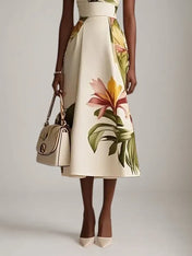Beige Floral Boat Neck Sleeveless A-Line Midi Dress
