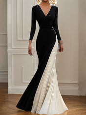 Elegant Formal Evening Work Black&White Dress V Neck Long Sleeves Dress