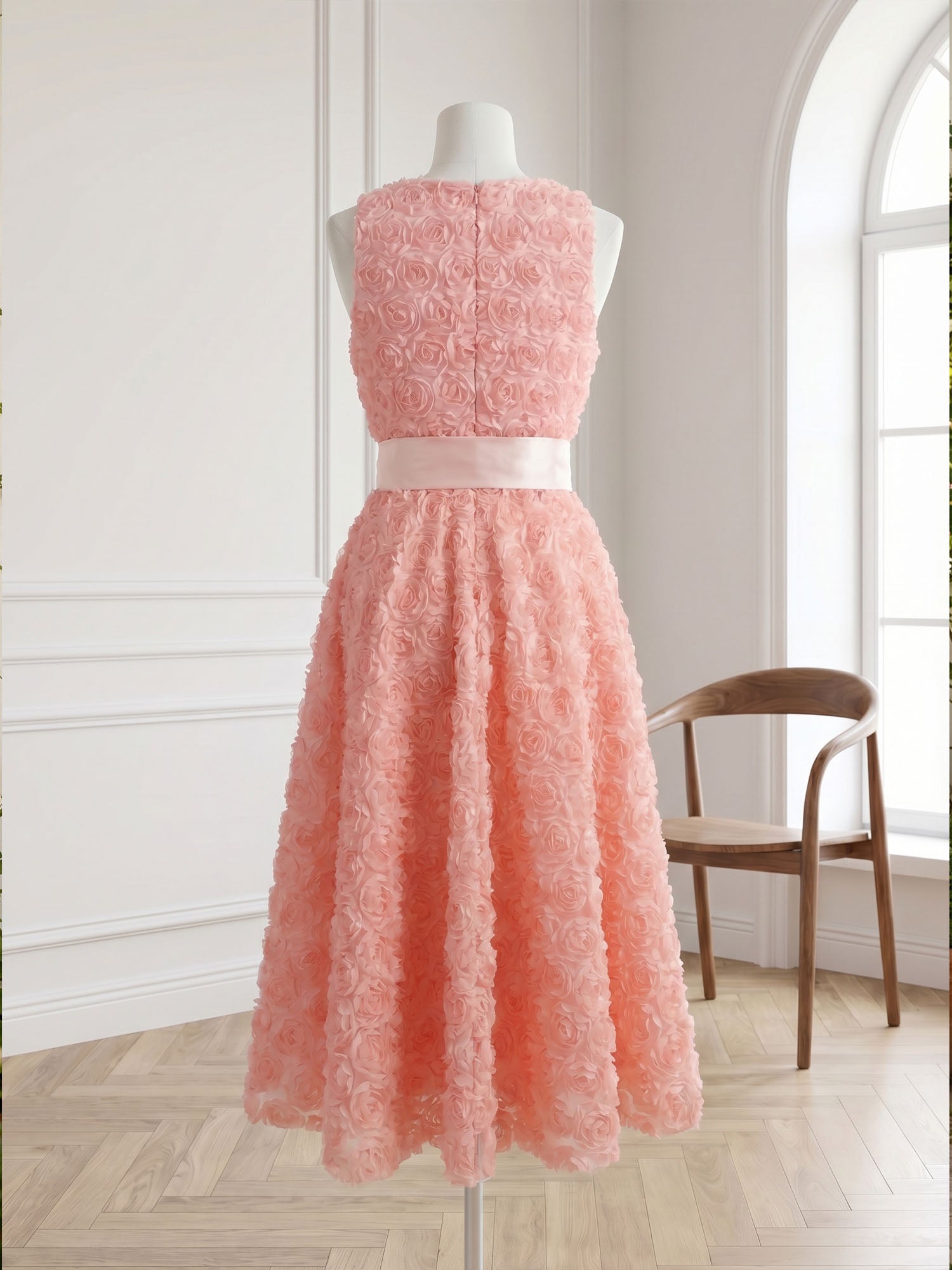 Pink 3D Floral Bow Crew Neck A-Line Midi Dress