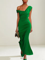 Green Chiffon One Shoulder Ankle Length Party Cocktail Dress