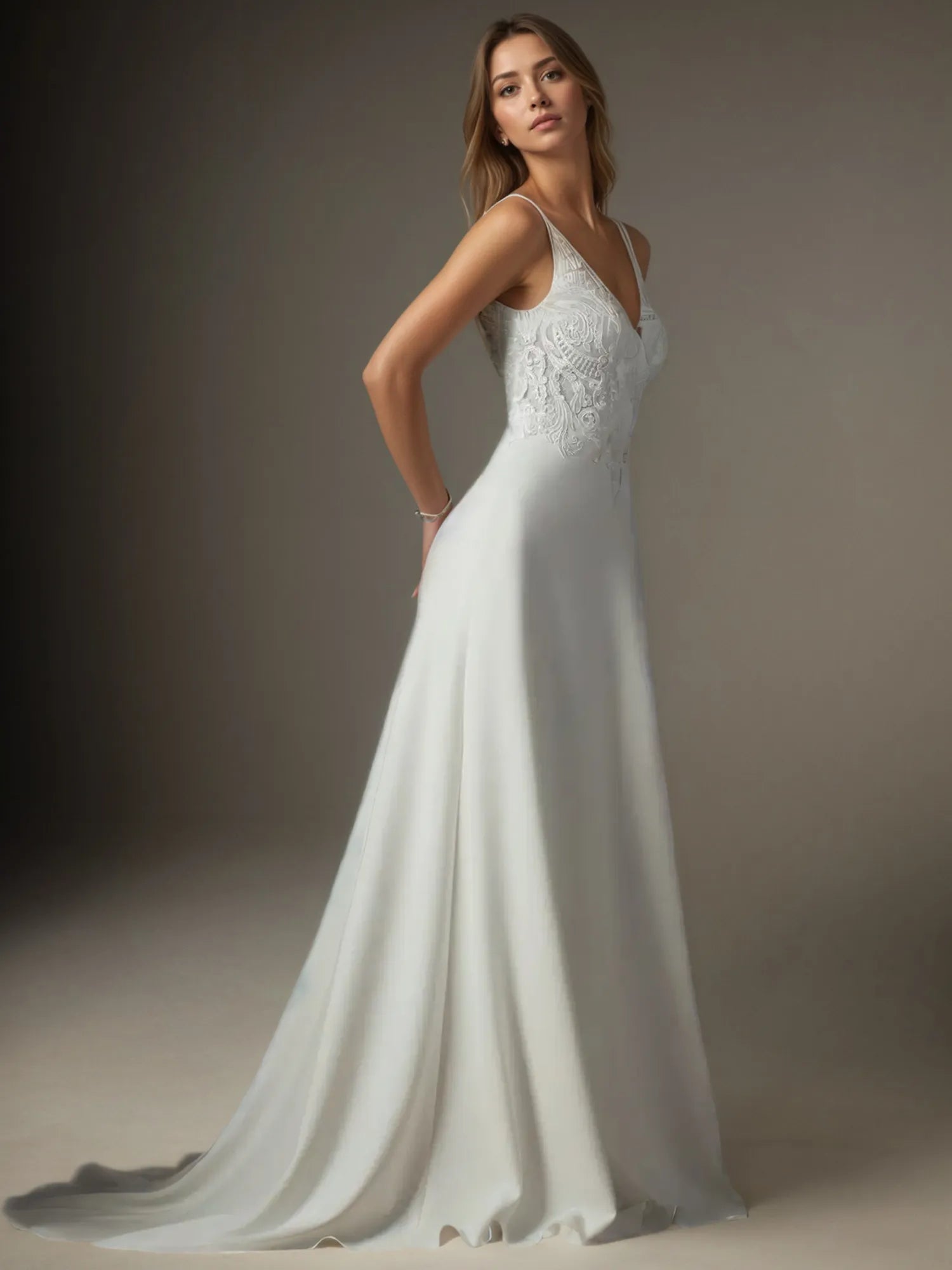 White A-Line V-Neck Sequins Stretch Crepe  Stretch crepe Lace Wedding Dress