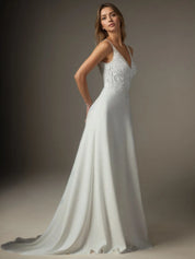 White A-Line V-Neck Sequins Stretch Crepe  Stretch crepe Lace Wedding Dress